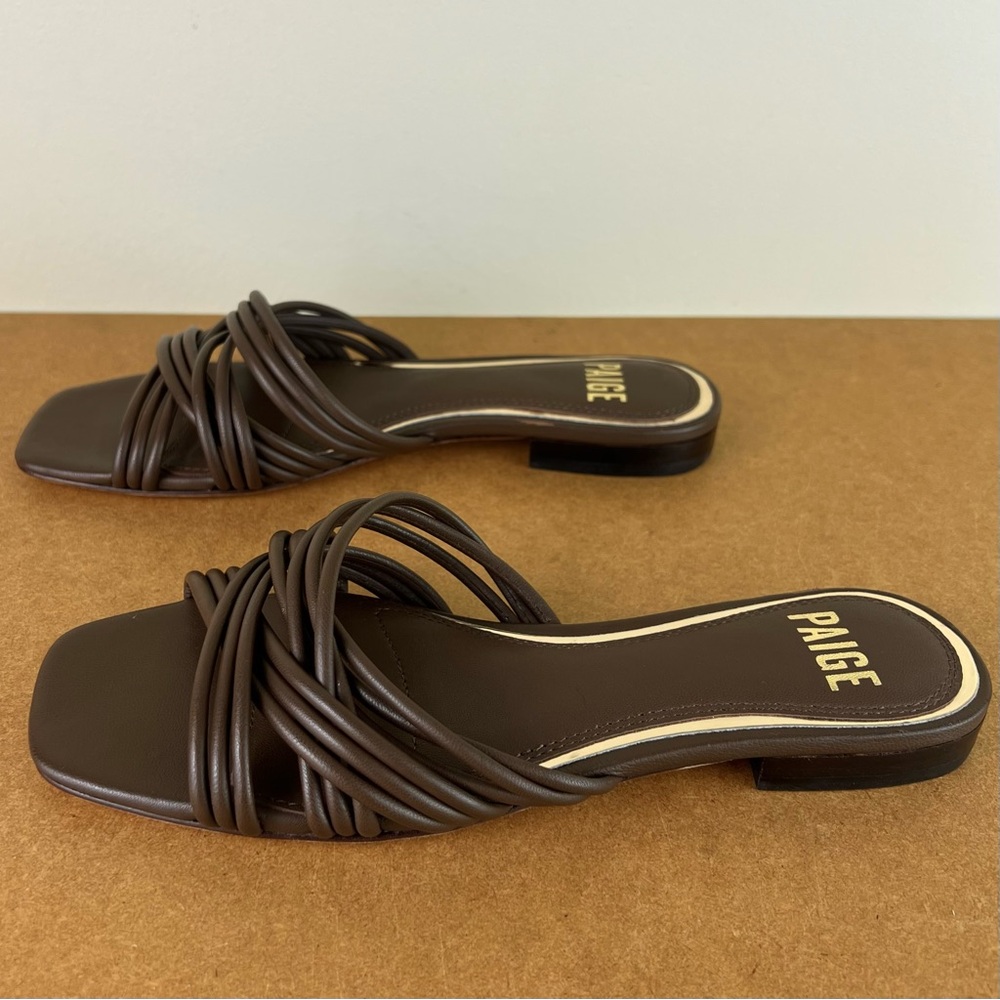 NEW PAIGE BROWN LEATHER FLAT SANDALS - Picture 8 of 13